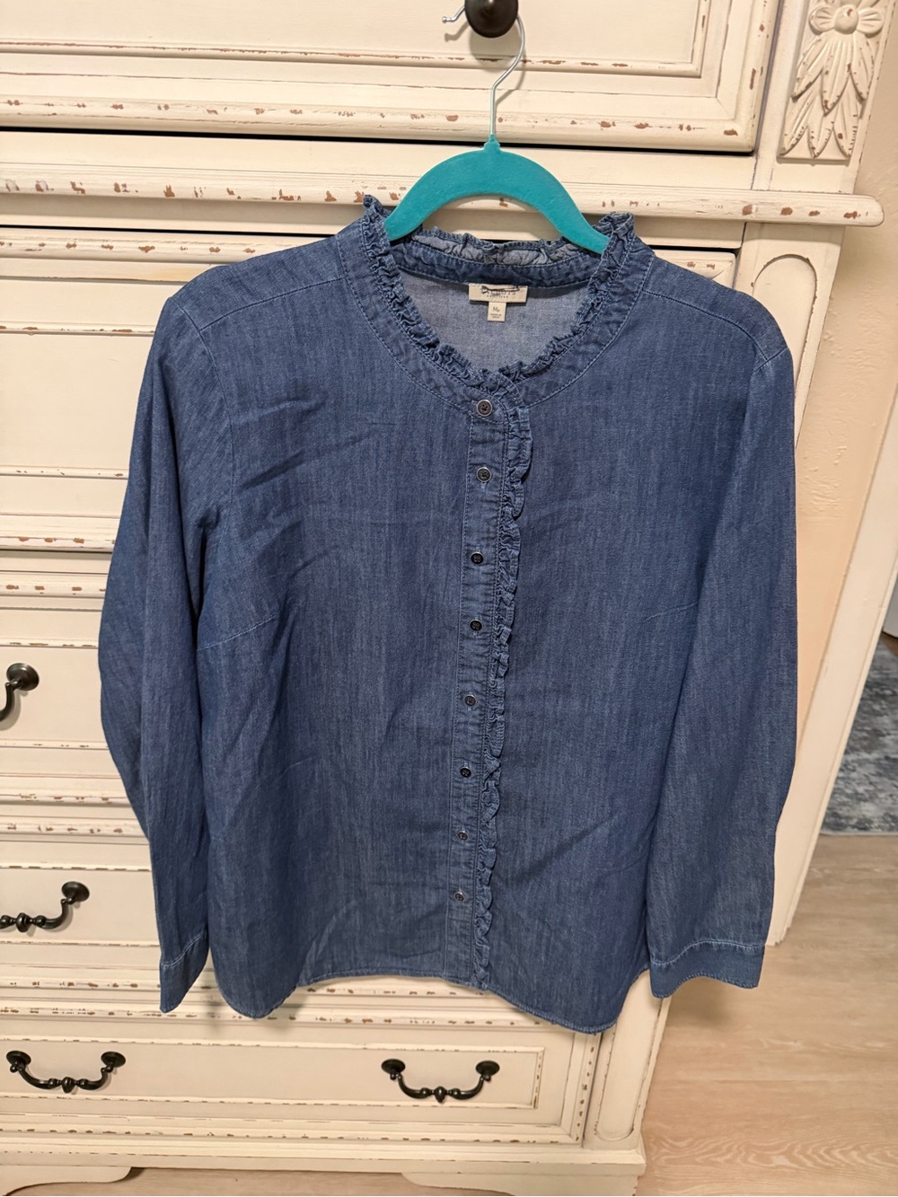 Talbots Denim Ruffle-Trim Button-Down Shirt - Blue- NWOT- Clearance